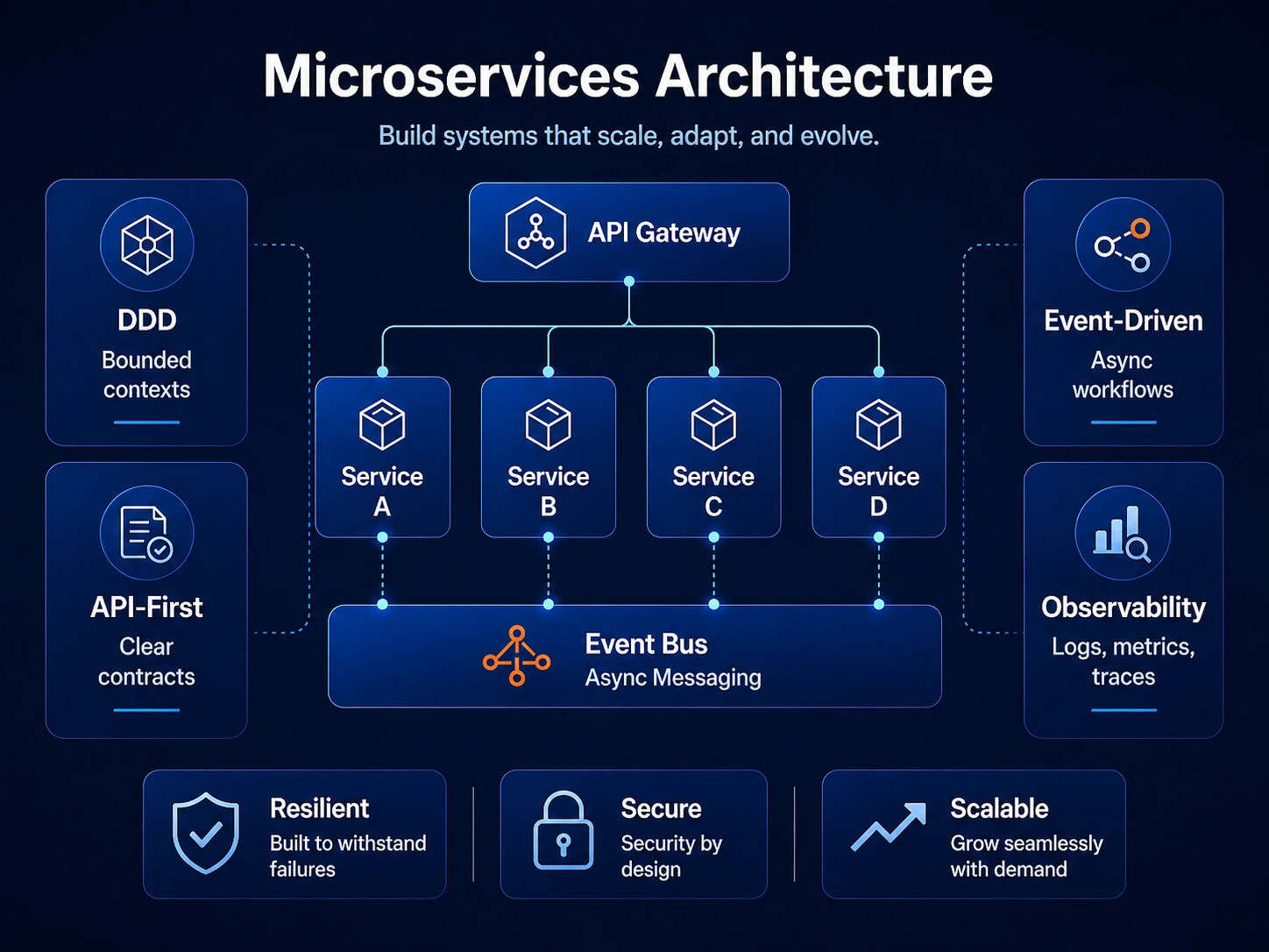 Microservices architecture diagram: an API gateway routing to four independent services over an asynchronous event bus, supported by domain-driven design with bounded contexts, API-first contracts, event-driven async workflows and observability through logs, metrics and traces.